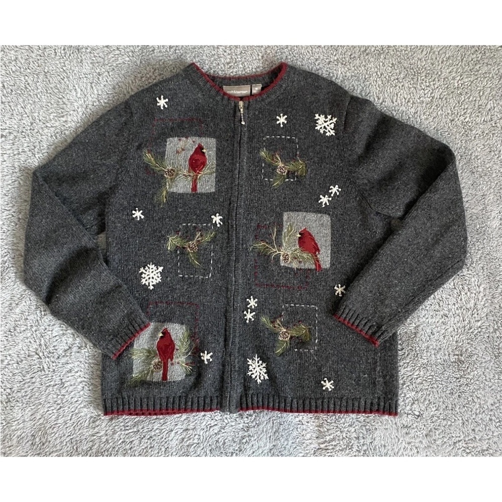 Cardinal Sweater Full Zip Embroidered Gray Red Holiday Snowflake Sz M